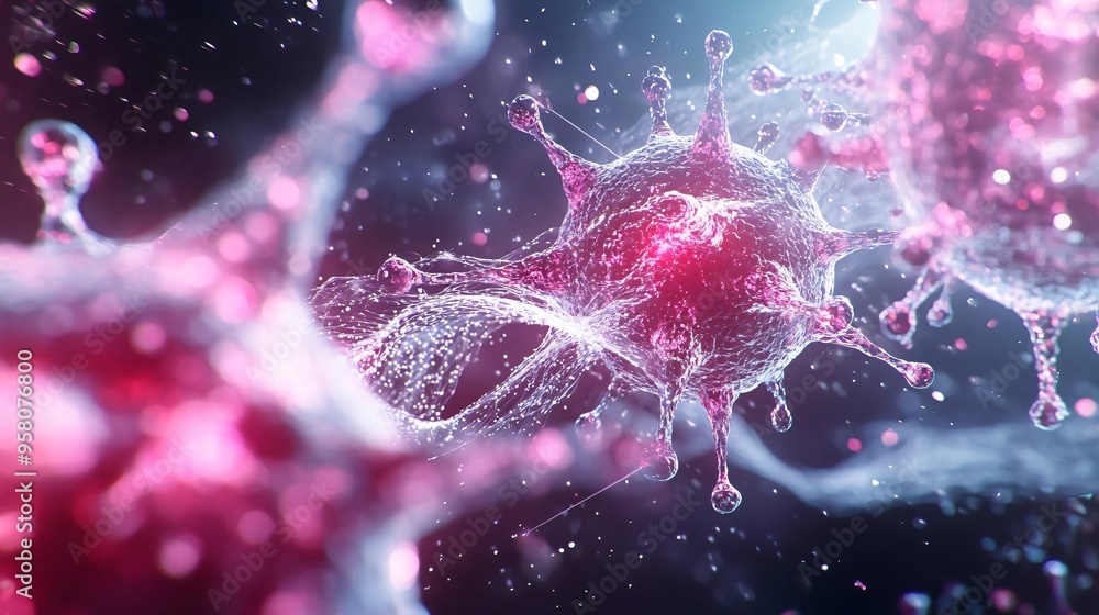 Poster close-up view of vibrant virus structures with intricate details showcasing science and biology conc