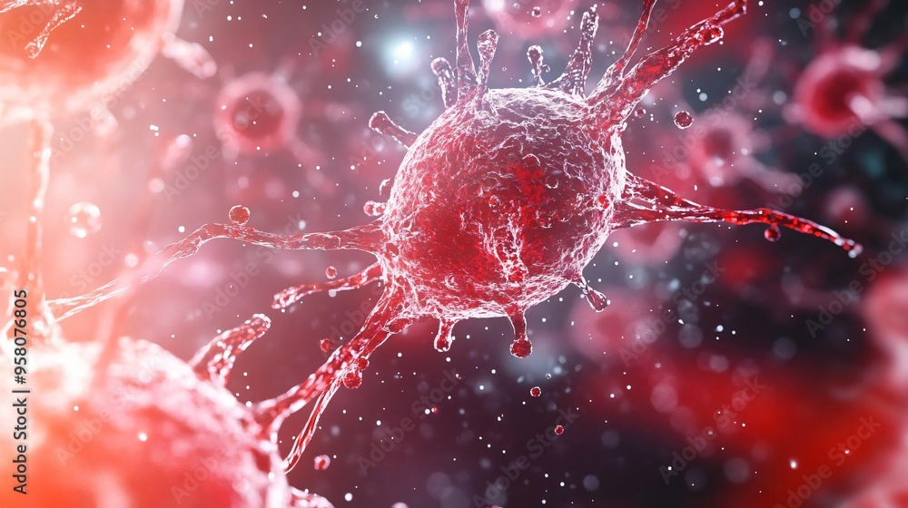 Poster close-up view of a virus under a microscope, showcasing its intricate structure and dynamic features
