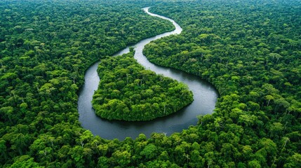 Aerial view of the lush Amazon rainforest canopy in Manu National Park, with meandering rivers cutting through dense foliage