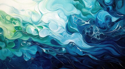 Dynamic abstract patterns in oceanic blues and greens, capturing the fluid movement of waves and marine life