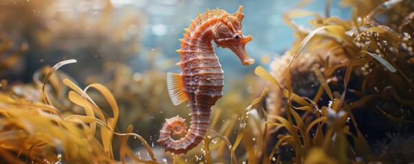 Graceful seahorse dancing among seaweed, 4K hyperrealistic photo