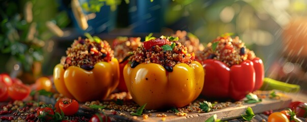 Fototapeta premium Vegan stuffed peppers with quinoa and black beans, 4K hyperrealistic photo