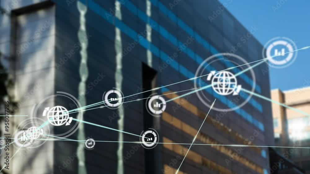 Poster network of connections and data processing animation over modern office building