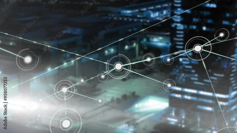 Poster network of connections and data processing animation over cityscape at night