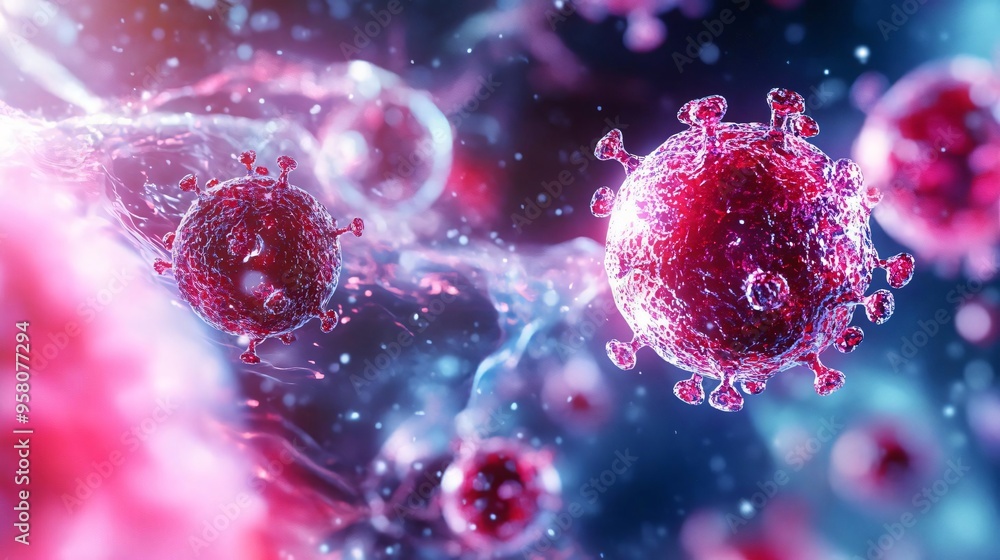 Poster dynamic image of a virus, showcasing its structure and detail in vibrant colors, illustrating the co