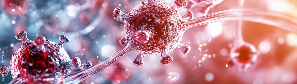 Poster high-resolution image of virus particles, showcasing detail and vibrant colors in a microscopic view