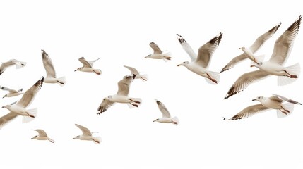 Fototapeta premium Flock of Seagulls in Flight. Group of Birds Soaring in the Sky isolated on White Background