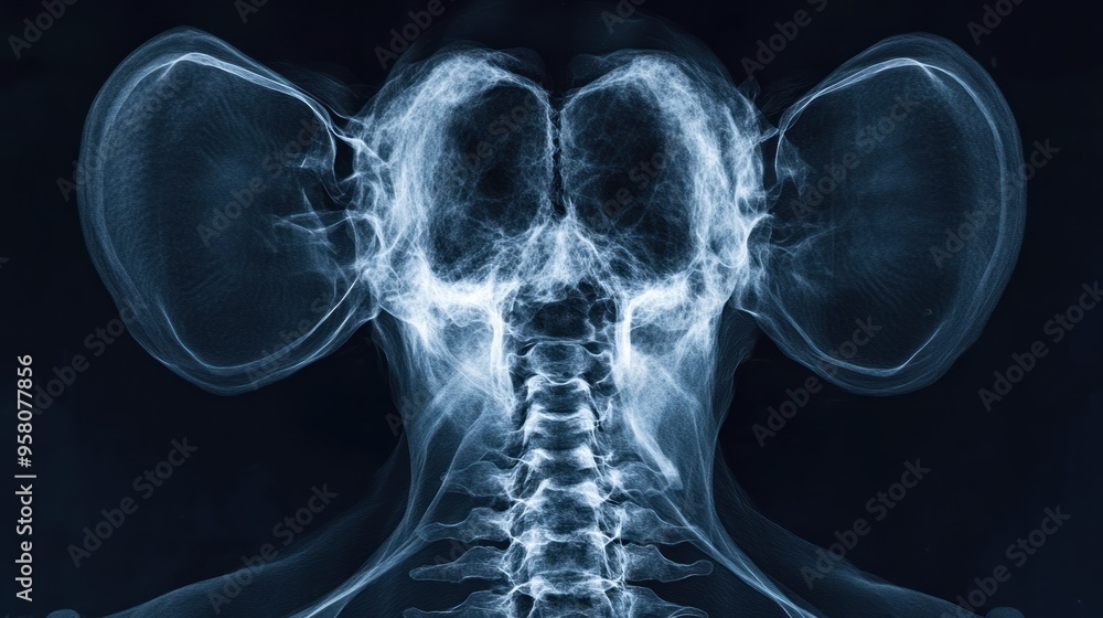 Sticker X-ray image of a human skull and spine, showing the ears, jaw, and vertebrae.