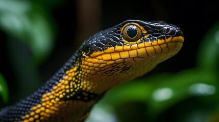 Fototapeta premium Vibrant black and yellow snake in natural habitat with lush green background