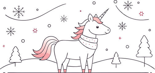 festive unicorn in a snowy landscape, with snowflakes gently falling around. The unicorn is wearing a cozy scarf, and there’s a snowman and pine trees decorated with lights. , line art