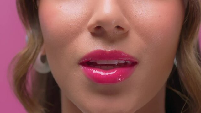 Close up of woman with red lips with seductive expression. sensual woman with plump lips. Attractive woman lips and mouth.