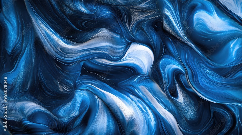 Poster dynamic abstract representation of a river flow, with swirling blues and silvers capturing its energ