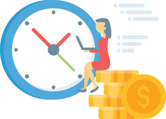 The girl is sitting on  dollar coins near the clock.