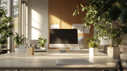 Bright and modern workspace with computer and greenery in a sunny office setting during the day