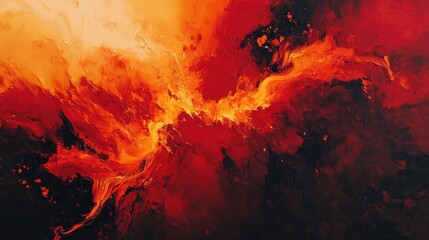 Dynamic abstract shapes in fiery reds and oranges, reflecting the intense energy of a volcanic eruption