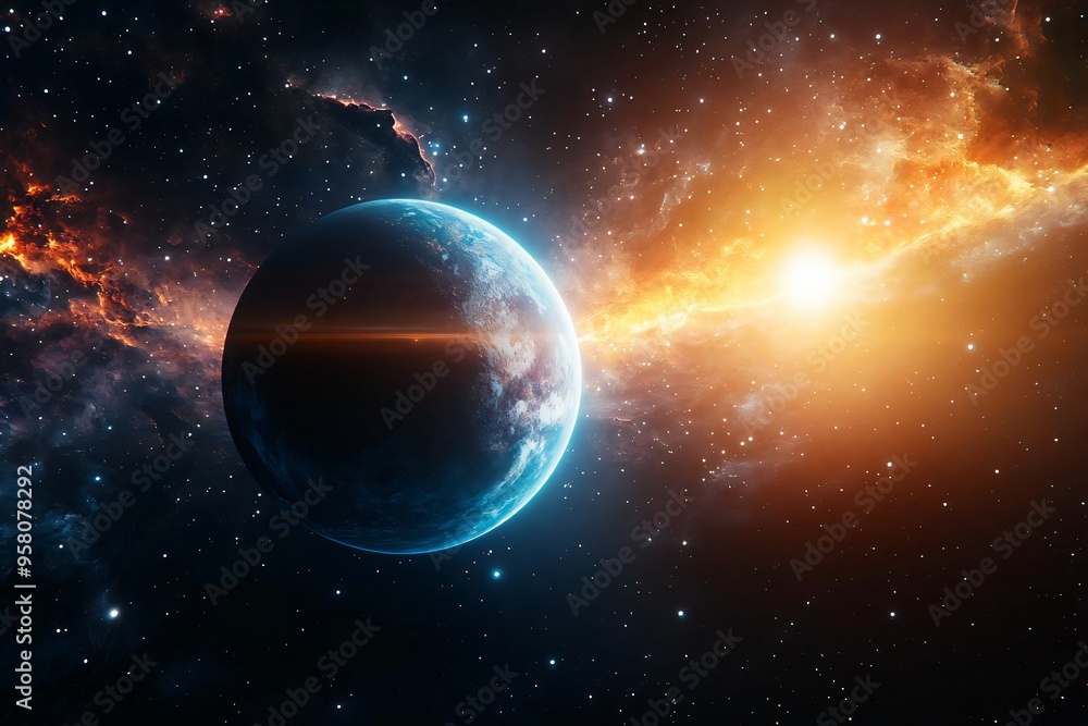 Wall mural vibrant cosmic scene depicting a planet in space, illuminated by a distant sun, surrounded by colorf