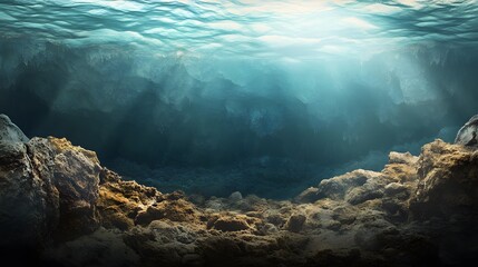 Fototapeta premium Sunlit underwater cave with rocky seabed and crystal clear waters