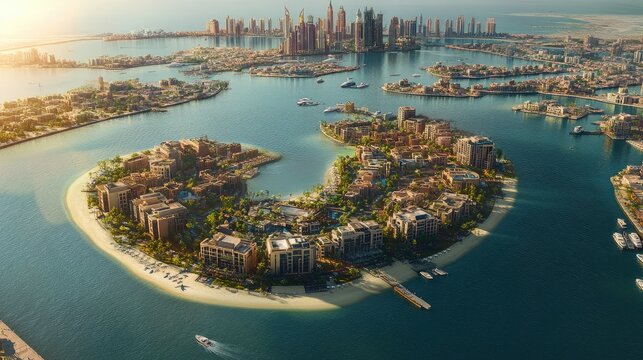 Bird's eye view of Dubai's Deira Islands, with a crescent of sandy beaches and waterfront developments. No people.
