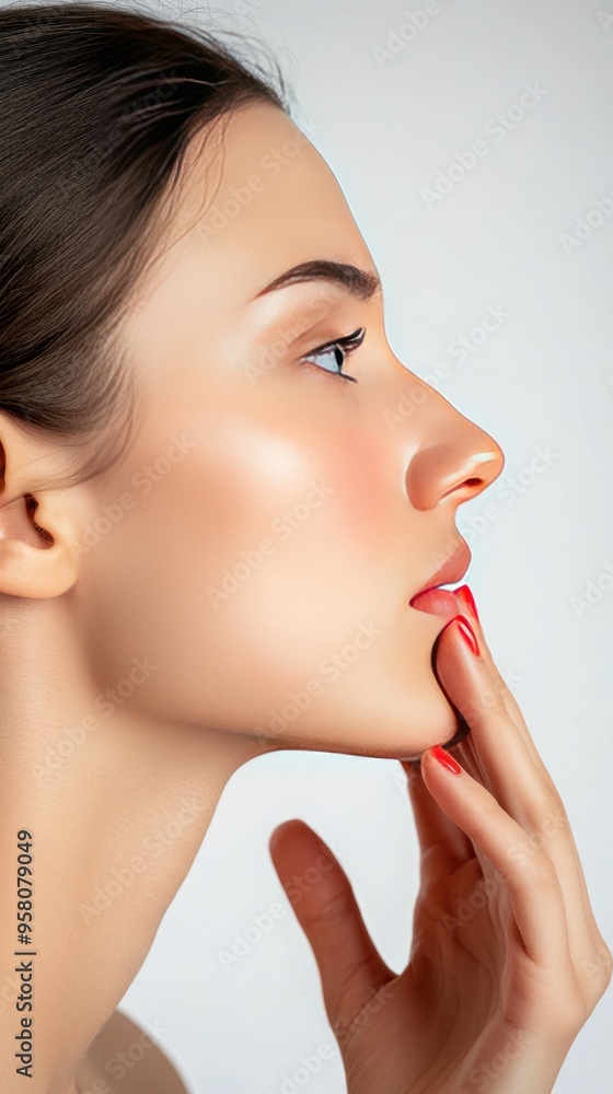 Poster Close-up side profile of a young woman with glowing skin and red lipstick.