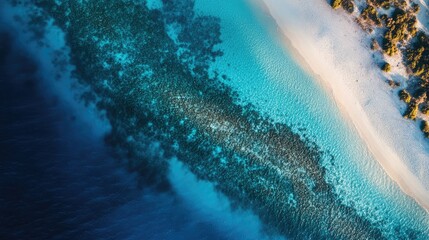 Bird's eye view of Maldives' shallow lagoons, with a gradient of blue colors and sandy bottoms with coral patches.