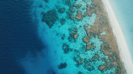 Bird's eye view of Maldives' shallow lagoons, with a gradient of blue colors and sandy bottoms with coral patches.