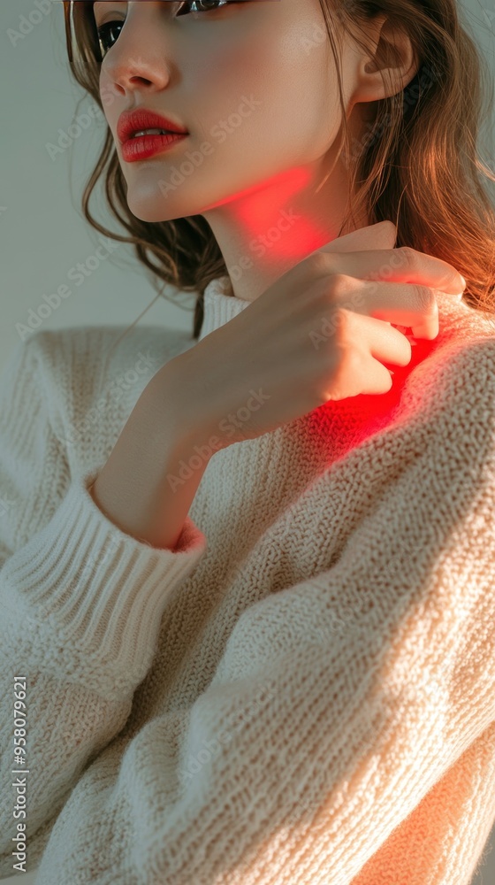 Sticker A young woman wearing a white sweater with red light shining on her arm.