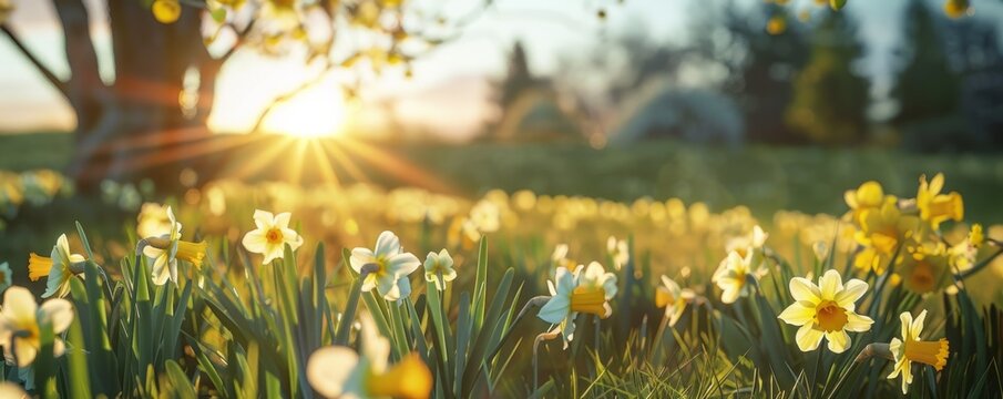 Sunlit daffodils in a spring field, 4K hyperrealistic photo