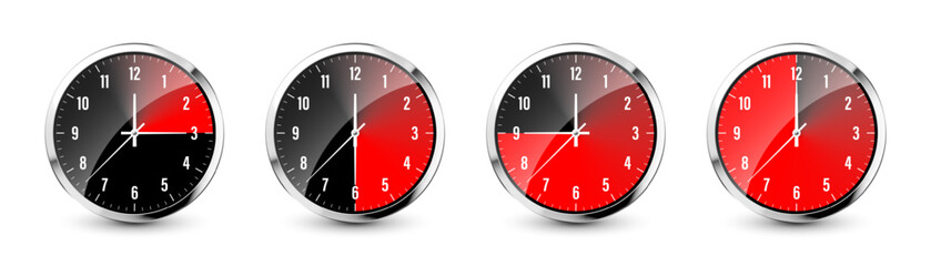 Wall clock, stopwatch icons. Shiny metal chronometer, time counter with dial. Red countdown timer showing minutes and seconds. Time measurement for sport, start and finish. Vector illustration