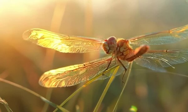 A dragonfly is sitting on a grassy field Video