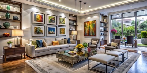Fototapeta premium Sophisticated modern home interior design featuring a spacious area reserved for showcasing artwork and decorative