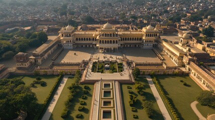 Obraz premium Bird's eye view of the Jaipur City Palace, with its vast courtyards, gardens, and architectural marvels. No people.