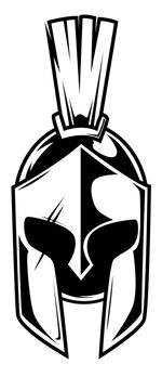 Spartanischer Helm in Frontansicht mit markantem Kamm und symmetrischem Gesichtsschutz.