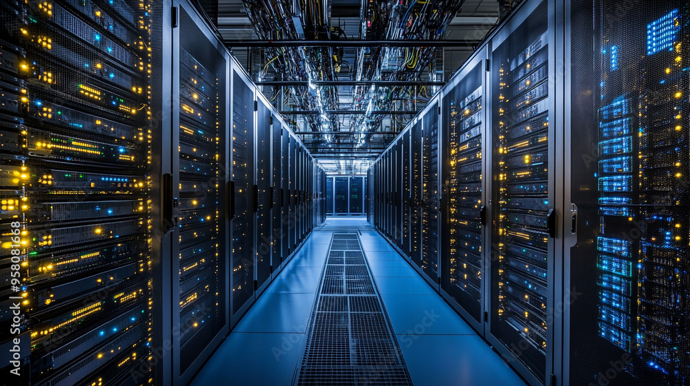 Poster A vast data center corridor illuminated with blue and yellow lights, showcasing rows of server racks in operation during the evening hours
