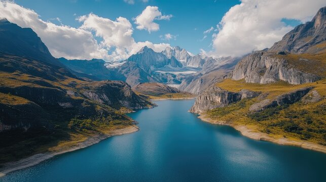 Bird's-eye view of the enchanting Laguna Paran surrounded by steep cliffs and the Cordillera Blanca peaks