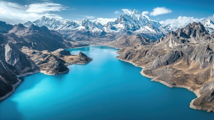 Naklejka premium Bird's-eye view of the high-altitude Lake Llanganuco, with its turquoise waters and snow-capped peaks of the Cordillera Blanca