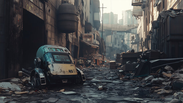 Broken Android in a Cyberpunk City Dump