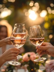 Warm, celebratory moment where hands are raising glasses of rosé wine in a toast. Act of toasting in a garden.	