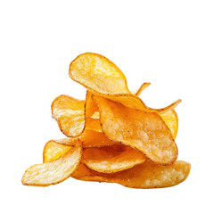 Close-up of crispy golden potato chips on a white background, perfect for snack-themed images and healthy eating concepts.