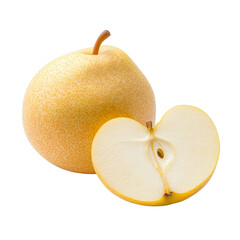 Close-up of a whole Asian pear and a halved pear showing the inside, isolated on a white background, highlighting its fresh, juicy, and crisp texture.