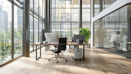 Fototapeta premium Modern conference room with a long wooden table and chairs, Contemporary open-plan office with ergonomic chairs and a bright, airy layout, open layout, wooden flooring