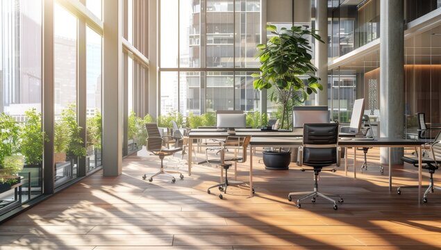 Modern conference room with a long wooden table and chairs, Contemporary open-plan office with ergonomic chairs and a bright, airy layout, open layout, wooden flooring