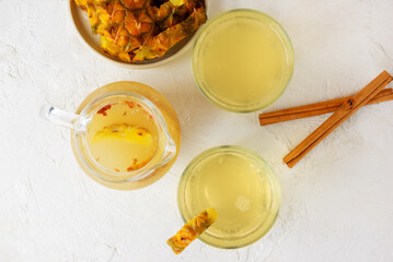 Tepache, popular Mexican fermented pineapple drink, kvass. Fermented, probiotic drink. Top view.