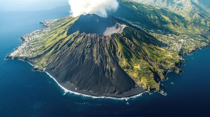 Bird's-eye view of the volcanic island of Stromboli, with an active volcano and black sandy beaches