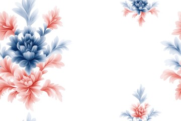Fototapeta premium A seamless Baroque-inspired damask pattern in blue and red tones, rendered in watercolor style, features a continuous repeat on a white background.