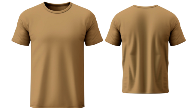 Plain tan t-shirt mockup showcasing both front and back views, ideal for apparel design and branding projects.