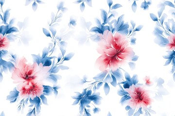 A seamless Baroque-inspired damask pattern in blue and red tones, rendered in watercolor style, features a continuous repeat on a white background.