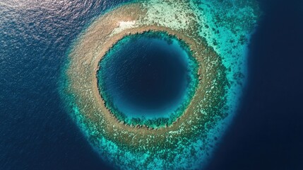 Top view of a circular coral reef in the Maldives, creating a natural barrier around an island lagoon.