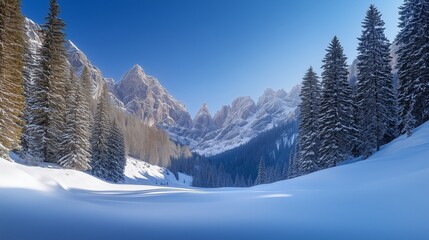 Fototapeta premium Snowy mountain range under a clear blue sky, with pine trees and a frozen lake in the foreground