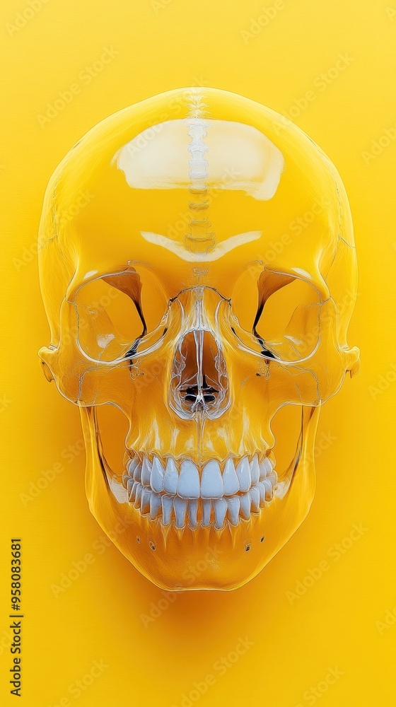 Wall mural A yellow human skull with white teeth and white lines on a yellow background.