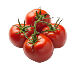 Fresh, ripe tomatoes with green stems grouped together on a white background. Perfect for culinary and healthy eating concepts.